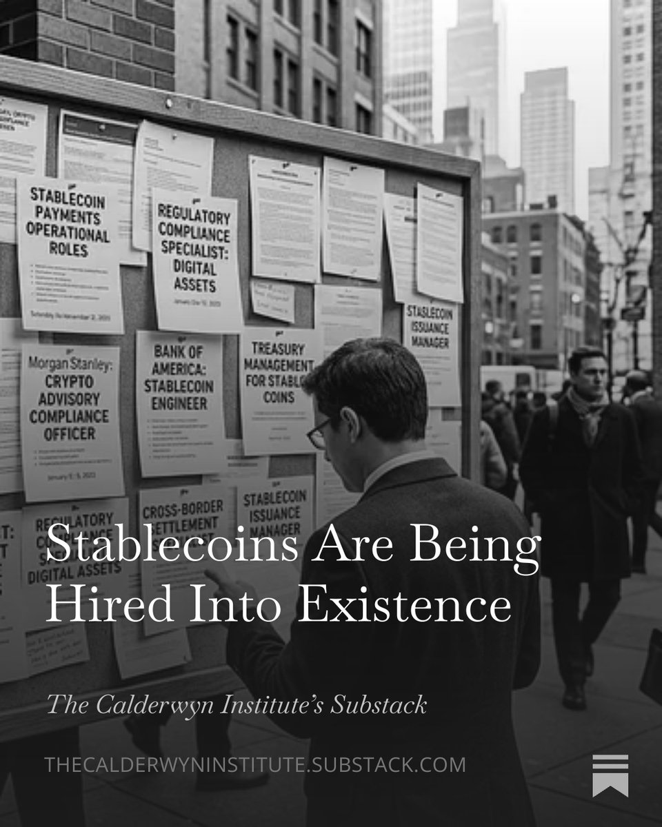 Stablecoins are converging into 3 lanes:

• Bank issuance
• Payment rails
• Compliance infrastructure

Everything else is noise.
Hiring data makes this very clear.
Full analysis: open.substack.com/pub/thecalderw… #cryptotwitter