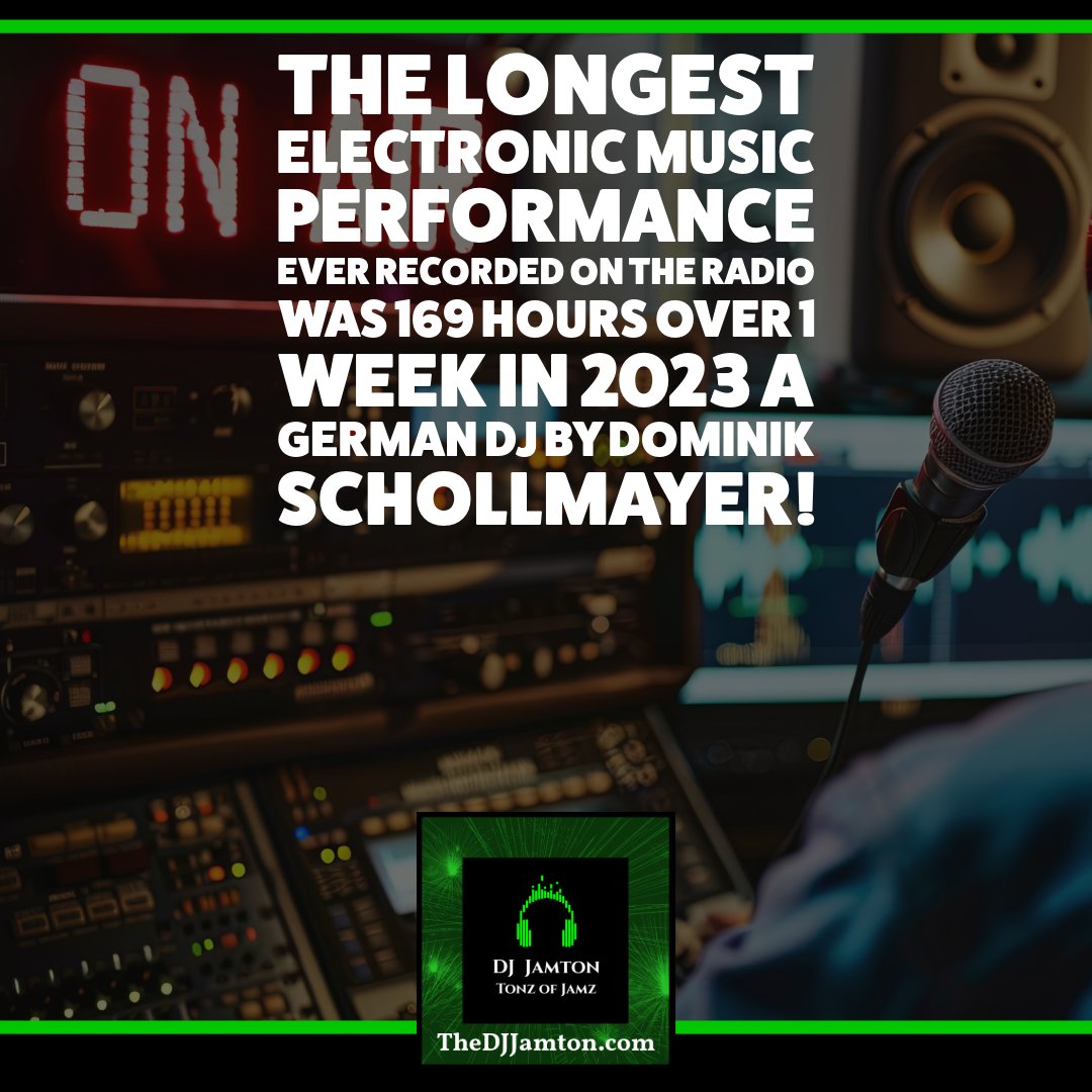 djjamton's tweet photo. 🌌 The longest electronic music performance ever recorded on the radio was 169 hours over 1 week in 2023 a German DJ by Dominik Schollmayer!

The Best EDM Music with DJ Jamton: https://t.co/LK6UNnefvC

⏰ Pure dedication to the beat!

#EDMTrivia #MarathonSet #ElectronicMusic https://t.co/8pbbg5NLwM