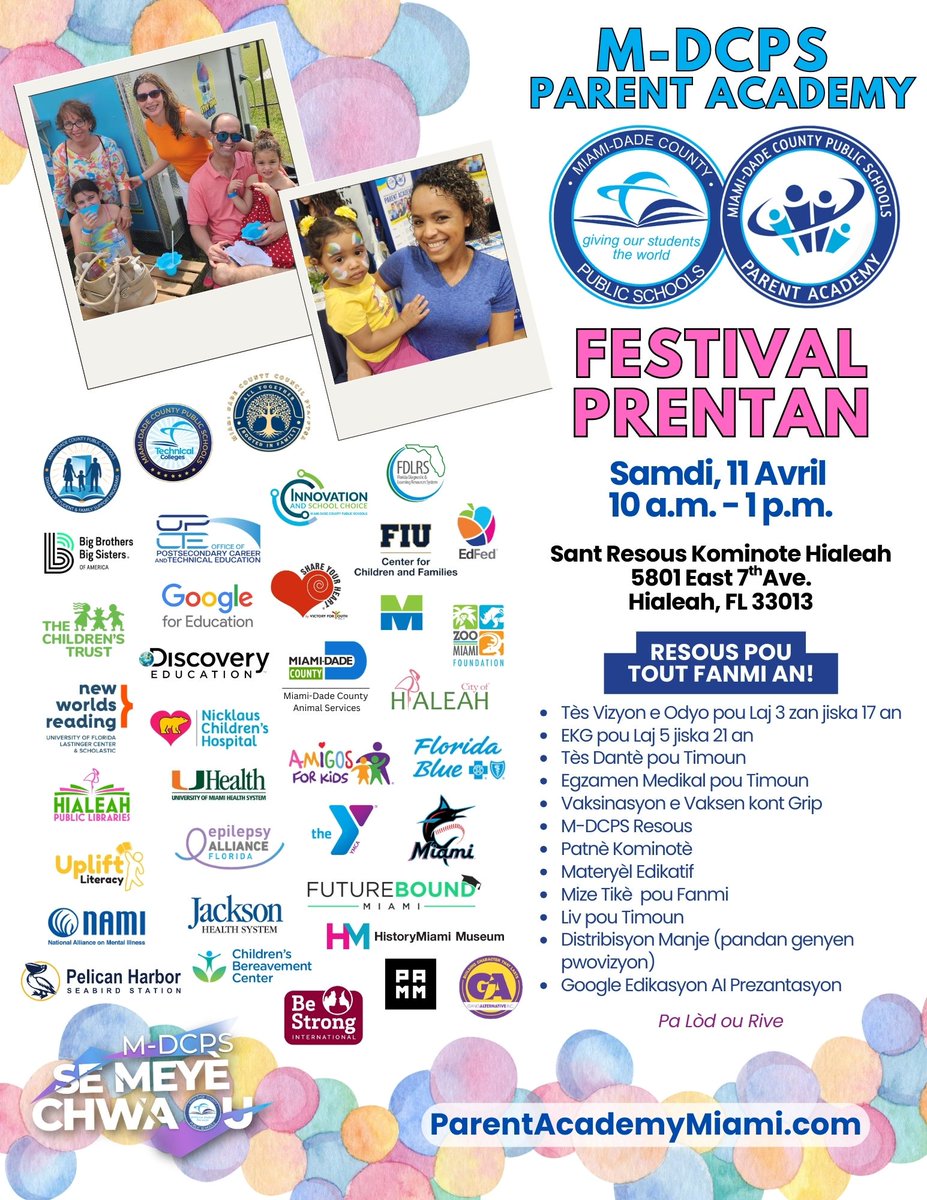 MDCPSTechCollgs's tweet photo. This Saturday = Family Fun + FREE Resources! 🎉
Join @ParentAcadMiami at Spring Fest for health screenings, community support, and more! 🤝🩺📚
#YourBestChoiceMDCPS https://t.co/SSd7oeWeL5