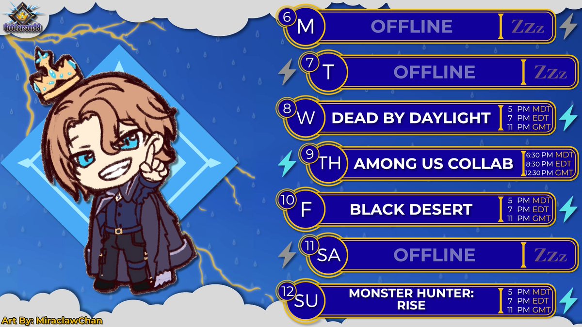 ⚡️Stream Schedule for 4/6-4/12⚡️

🟣Twitch: twitch.tv/boblarson98
🔴Youtube: youtube.com/boblarson98
🌩️Discord: discord.gg/mCeaAJsdcA

🎨Art by: @/Miraclawchan