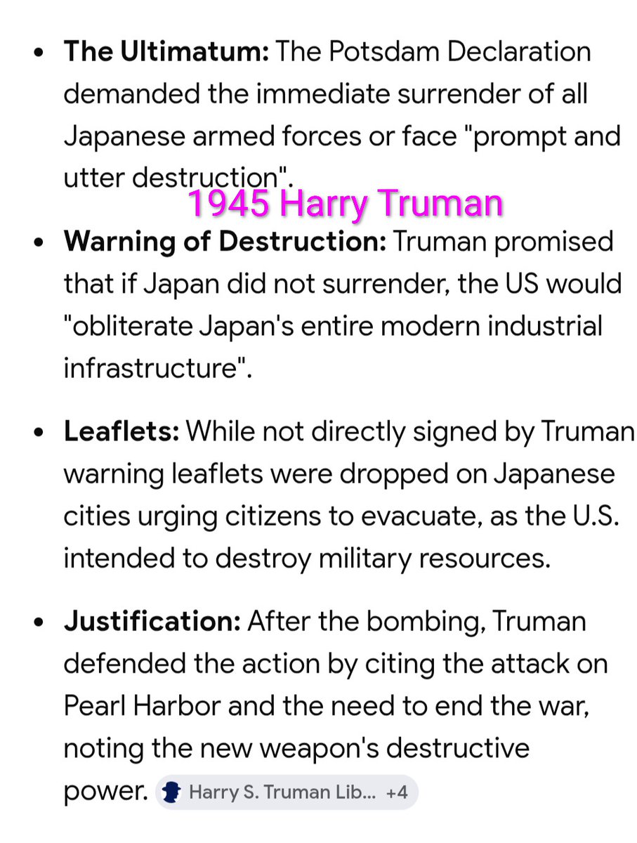 MccreaINDY's tweet photo. ✅Iran/ Japon Copie Col.
Before dropping atomic bombs on Japan, Pres. Harry S. Trumandemanded Japan’s unconditional surrender, warning on July 26, 1945, in the Potsdam Declaration of prompt and utter destruction if they did not comply.He warned of a rain of ruin from the air https://t.co/fZTh1lOGjC