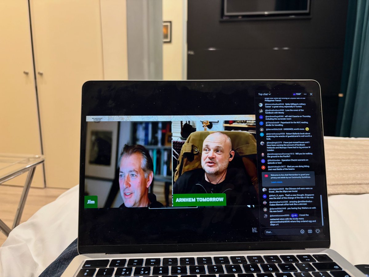 Chats1's tweet photo. In a hotel ready for a top secret @YouTube filming day tomorrow! But what better way to hold off the boredom and prep for a day of Second World War filming than the @WeHaveWaysPod live stream?! @almurray @James1940 https://t.co/4RzCJfz88S
