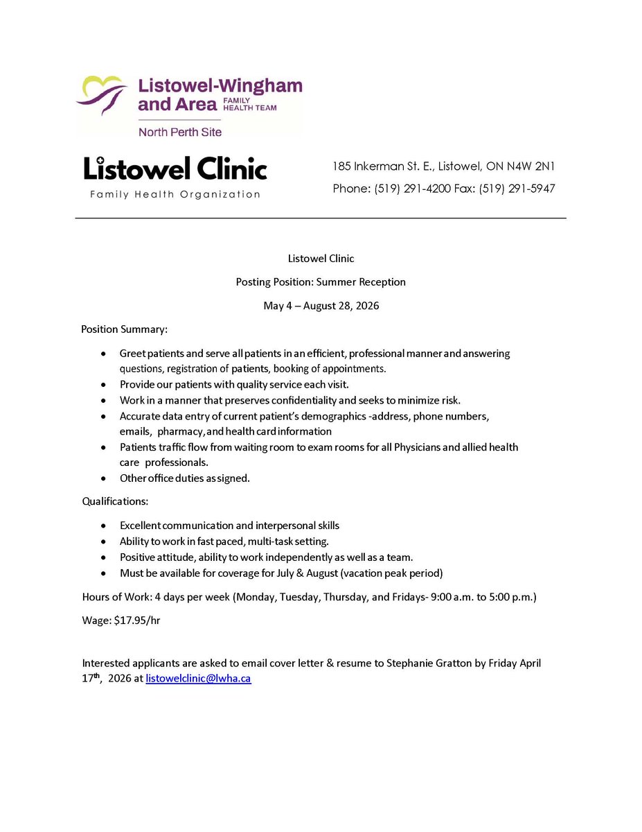 LWAFHT's tweet photo. Summer job opportunity at the Listowel Clinic! https://t.co/ovTggIXDiQ