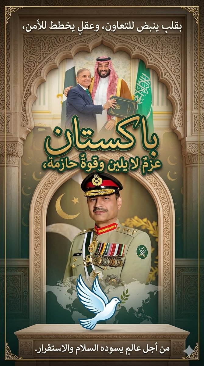 zahidabdushahid's tweet photo. #باكستان اليوم تقف في طليعة الدول الساعية إلى حفظ الأمن والاستقرار في المنطقة مظهرة دورا رائدا في جهود السلام العالمية. بكل حزم ومسؤولية، تسعى لإيجاد حلول دبلوماسية تحمي البشرية من اندلاع نزاعات كبرى، وتعمل على تهدئة التوترات، بما يضمن استقرار الدول المجاورة وسلامة شعوبها. https://t.co/pvYiVGYjvz