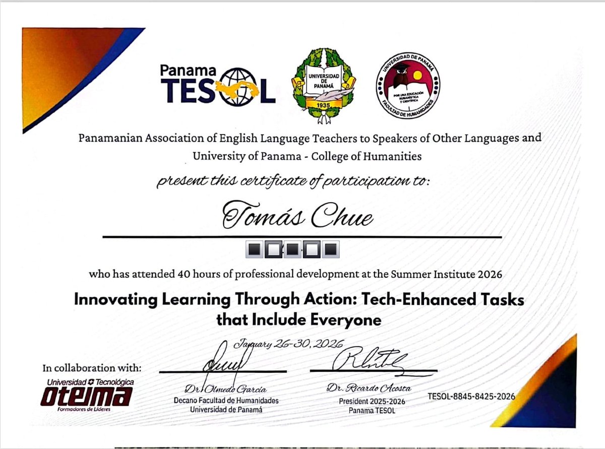 Tomaschue's tweet photo. I’m truly grateful and proud to have received this Certificate of Participation from Panama TESOL and the University of Panama. 🙌📚

 @UniversidadPma 
@unioteima 
@panamatesol https://t.co/cuDOtRsLRu