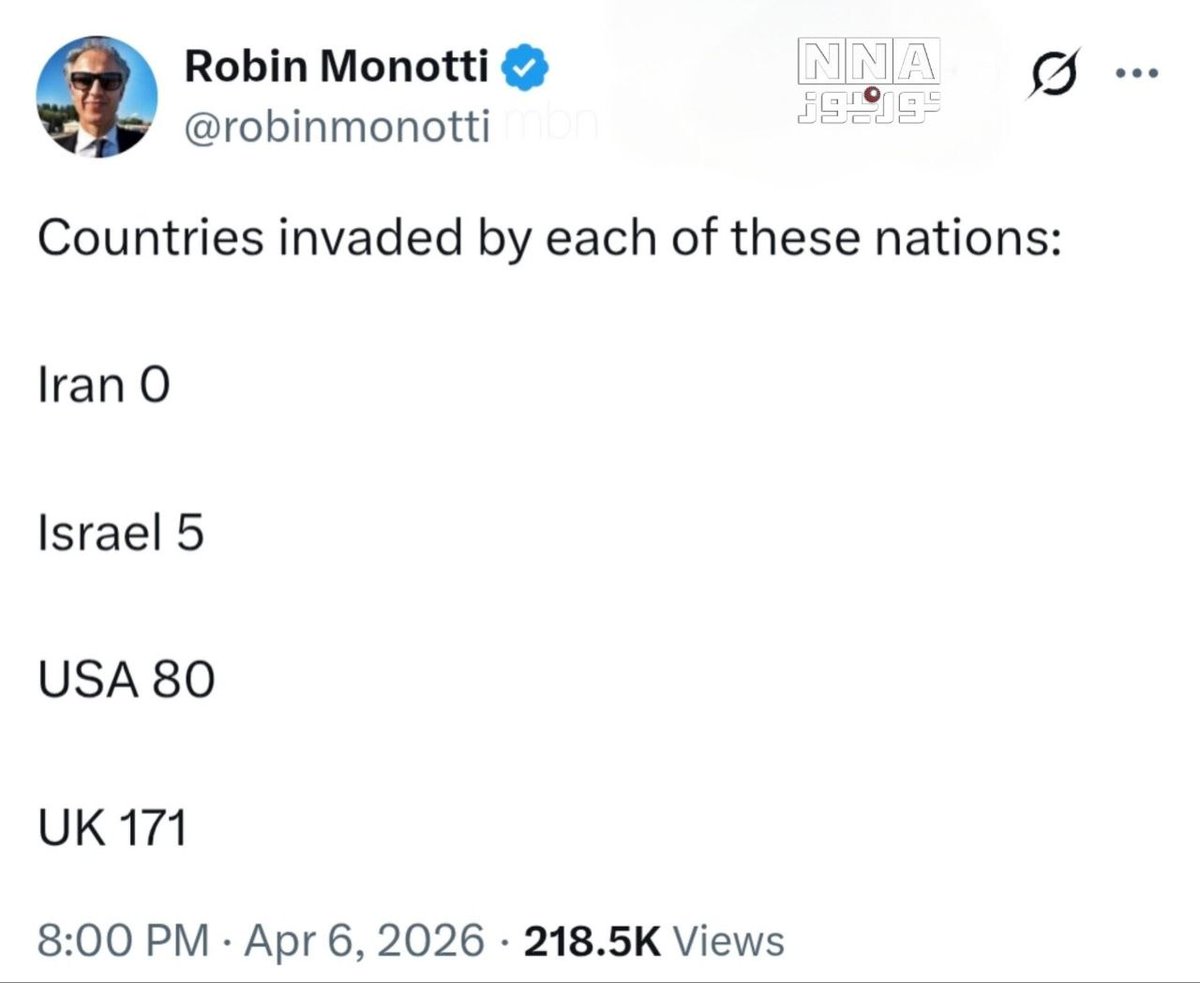IranNewsJa's tweet image. 📸フランスの映画監督ロバン・モノッティ：各国がこれまで攻撃した国の数

イラン：0
イスラエル：5
アメリカ：80
イギリス：171

#イラン #イスラエル #アメリカ #イギリス #RobinMonotti
@robinmonotti