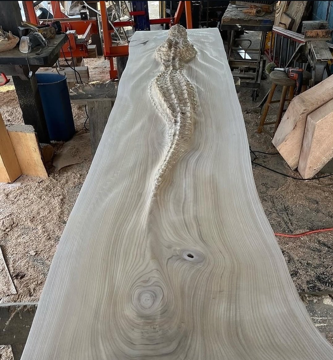 fwskiiii's tweet photo. Skilled artist Scott Dow carves a crocodile directly into raw wood, making it look like it's emerging from the wood itself. https://t.co/ETMRoqU0Th