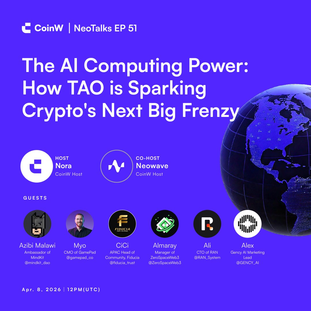 CoinWOfficial's tweet image. 🎙️ The #AI Computing Power: How #TAO is Sparking Crypto's Next Big Frenzy?
 
🥳 Joining @NeowaveIO, @mindkit_dao, @gamepad_co, @fiducia_trust, @ZeroSpaceWeb3, @RAN_System, @GENCY_AI

🎁 Drop UID in live chat, 3 Winners grab $50 super bonus each!

🍿 Tune in: