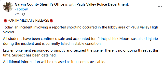 tcblume's tweet image. JUST IN: Pauls Valley Principal Kirk Moore was injured during a shooting incident today at the Pauls Valley High School according to Garvin County Sheriff's office.