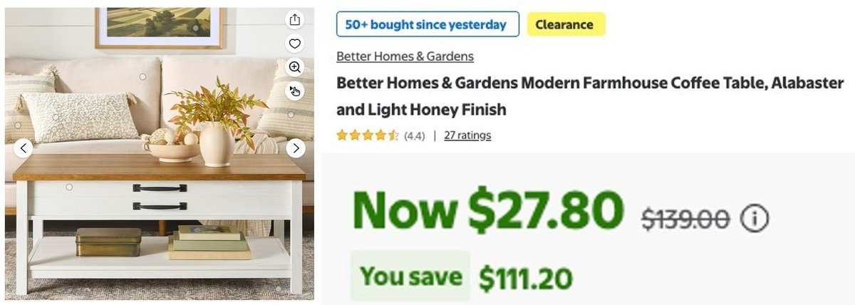 Pricerrors's tweet image. $139 COFFEE TABLE FOR $28 ON WALMART 

Shipped and sold by Walmart - RISK FREE

go.pricingerrors.com/Oakunx #ad