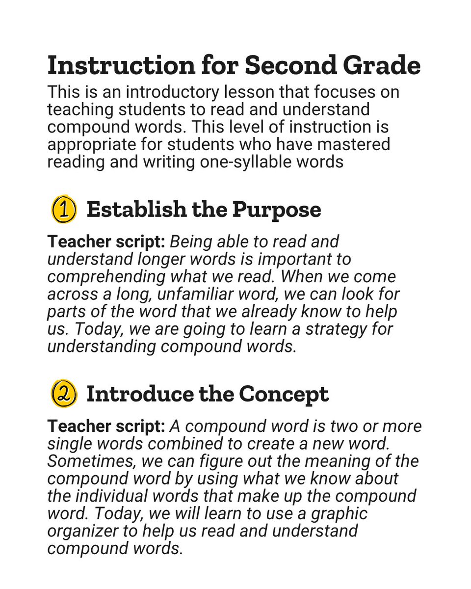 IAReading's tweet photo. Explicit instruction on how to identify and understand compound words can help students make sense of complex words by breaking them down into smaller units of meaning. Find the complete lesson materials and instructional script on our blog: https://t.co/4669bYeaKG https://t.co/gYOHLyhhTJ