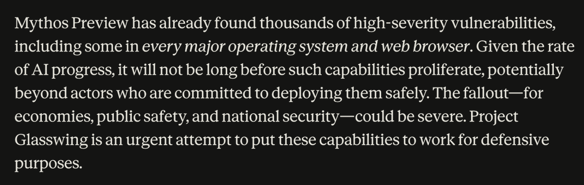 mattshumer_'s tweet image. This is absolutely fucking terrifying.

Anthropic's rumored Mythos model is real.

And it's so powerful that they can't release it to the public.

We're beyond benchmarks now.

This model, in the wrong hands, is a cyberweapon capable of mass destruction.