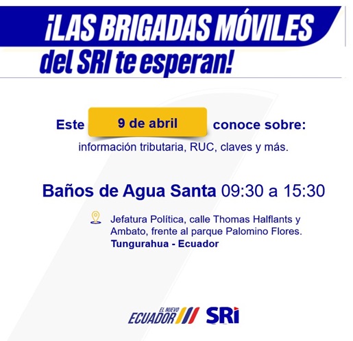 VeronicaDavilaV's tweet photo. ¡Nuestra #BrigadaMóvilSRI está cerca de ti!

Si necesitas asesoría sobre impuestos, facturación o quieres obtener tu RUC, acércate a nuestro punto de atención más cercano.

En el cantón #BañosDeAguaSanta

¡Te esperamos! https://t.co/jahwDgIRzE