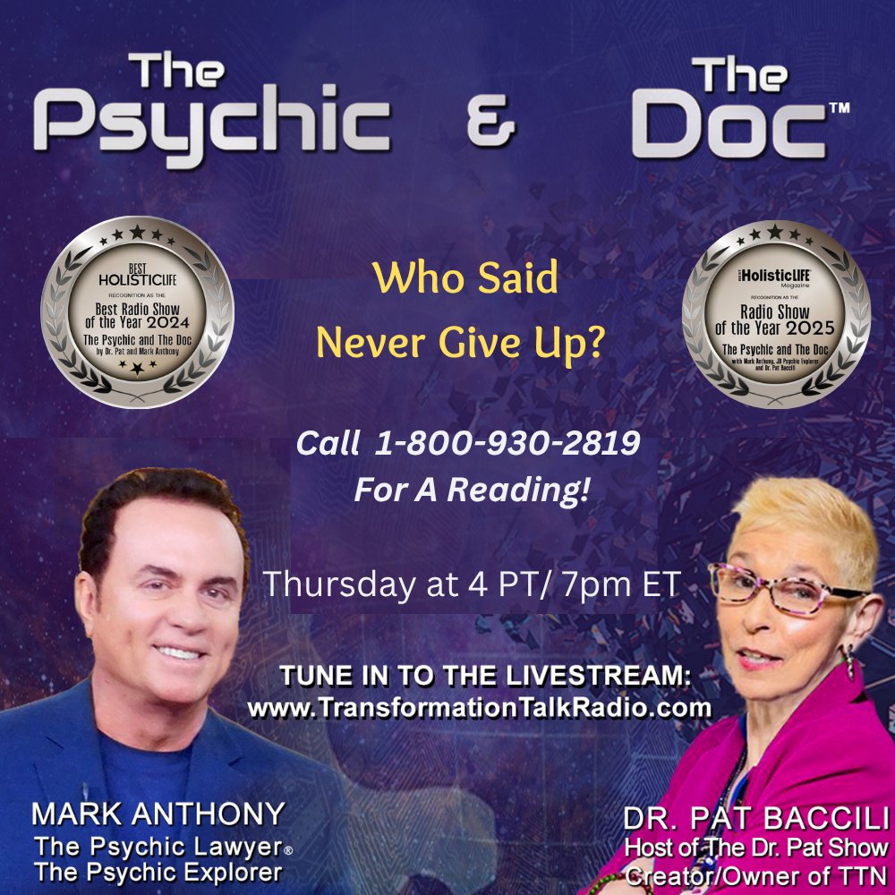 TheDrPatShow's tweet image. Call in for a LIVE reading with Mark &amp;amp; Dr. Pat Thursdays at 4pm PT! 📞1-800-930-2819   
thetransformationnetwork.com/episode/who-sa…  #thepsychicandthedoc #markanthony #drpat #livereadings #psychicmedium