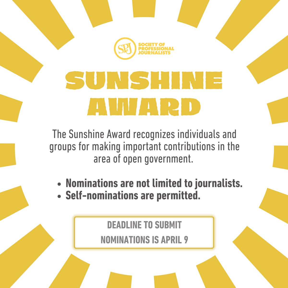 spj_tweets's tweet photo. 🚨 You have two days left to nominate a transparency champion! 🚨

☀️ The Sunshine Award recognizes individuals and groups who have made significant contributions in the area of open government. 

⏰ Submit nominations by Thursday: https://t.co/eMtnQQNSF8 https://t.co/AJGYy2D6Lu