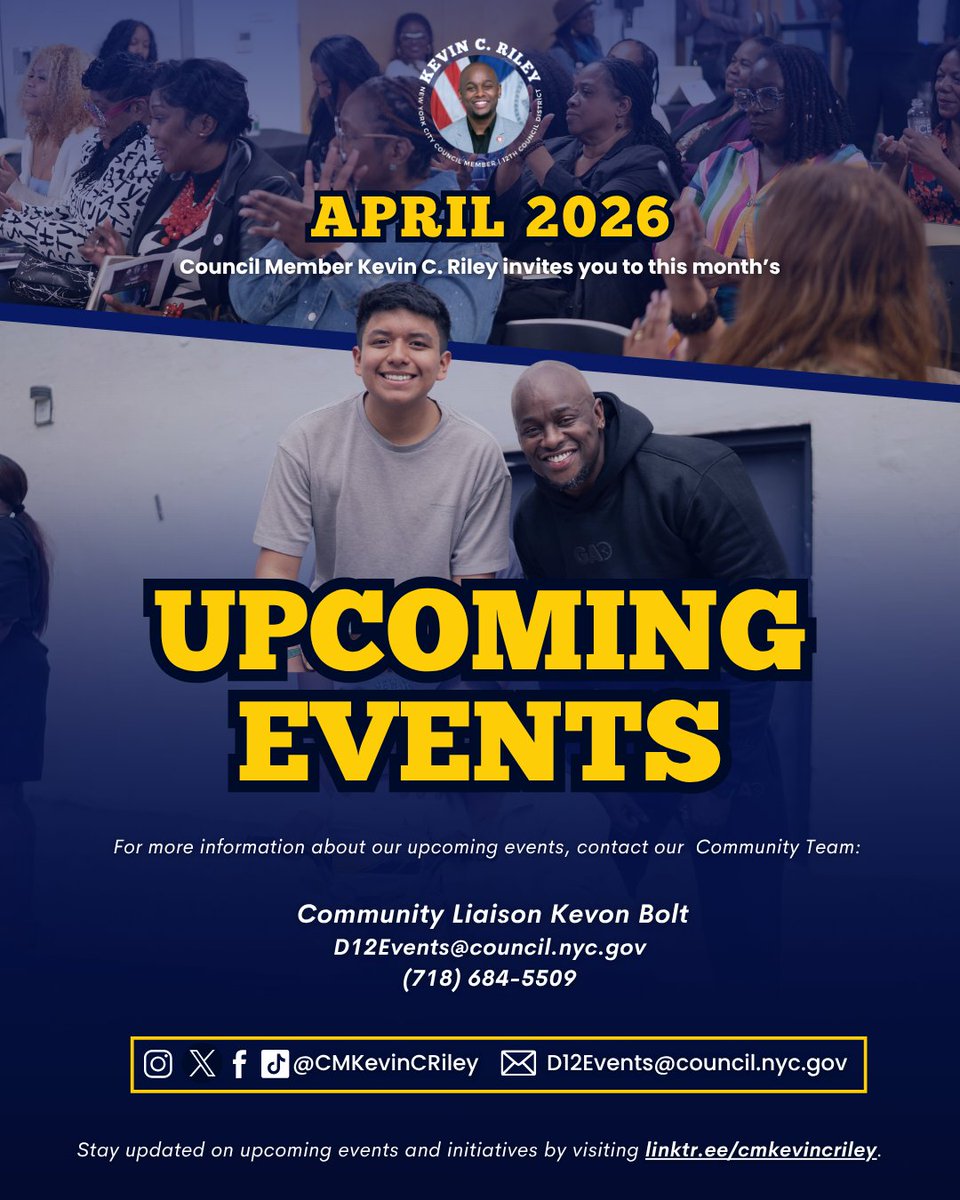 CMKevinCRiley's tweet photo. 1/2 #TeamRiley April Upcoming Events!
๐Swipe through for flyers & details
๐ RSVP where required via the link in bio or visit: https://t.co/xhVM7EcA8e
๐ Questions? Contact our office anytime
Thank you to all our partners for making these events possible. https://t.co/TU8cTe9s1o