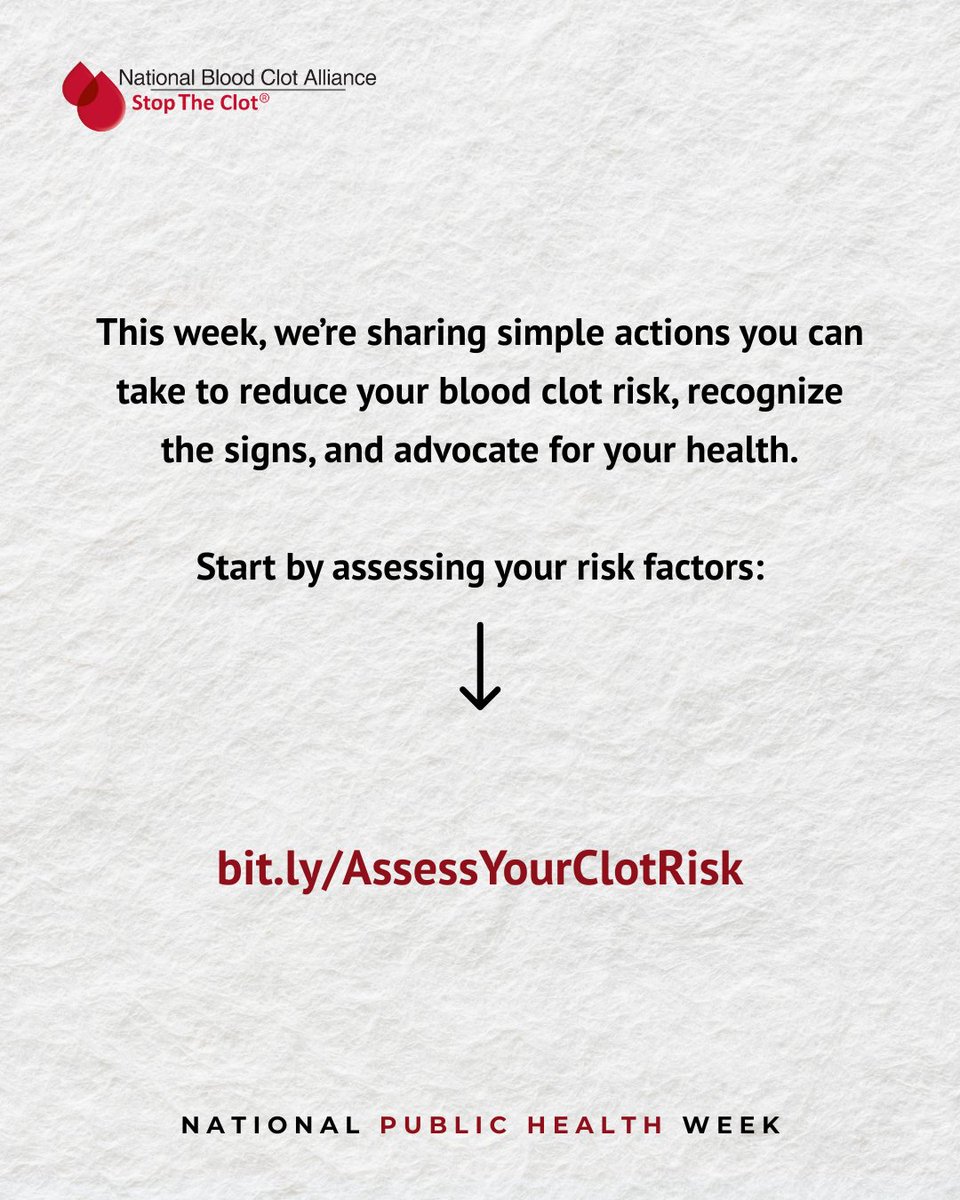 StopTheClot's tweet image. #NationalPublicHealthWeek reminds us: good health doesn’t just happen. It takes action. This year’s #ReadySetAction theme matters b/c with #bloodclots, action can save lives! This week we’re sharing simple actions you can take against blood clots. 👉 Start by knowing your risk: