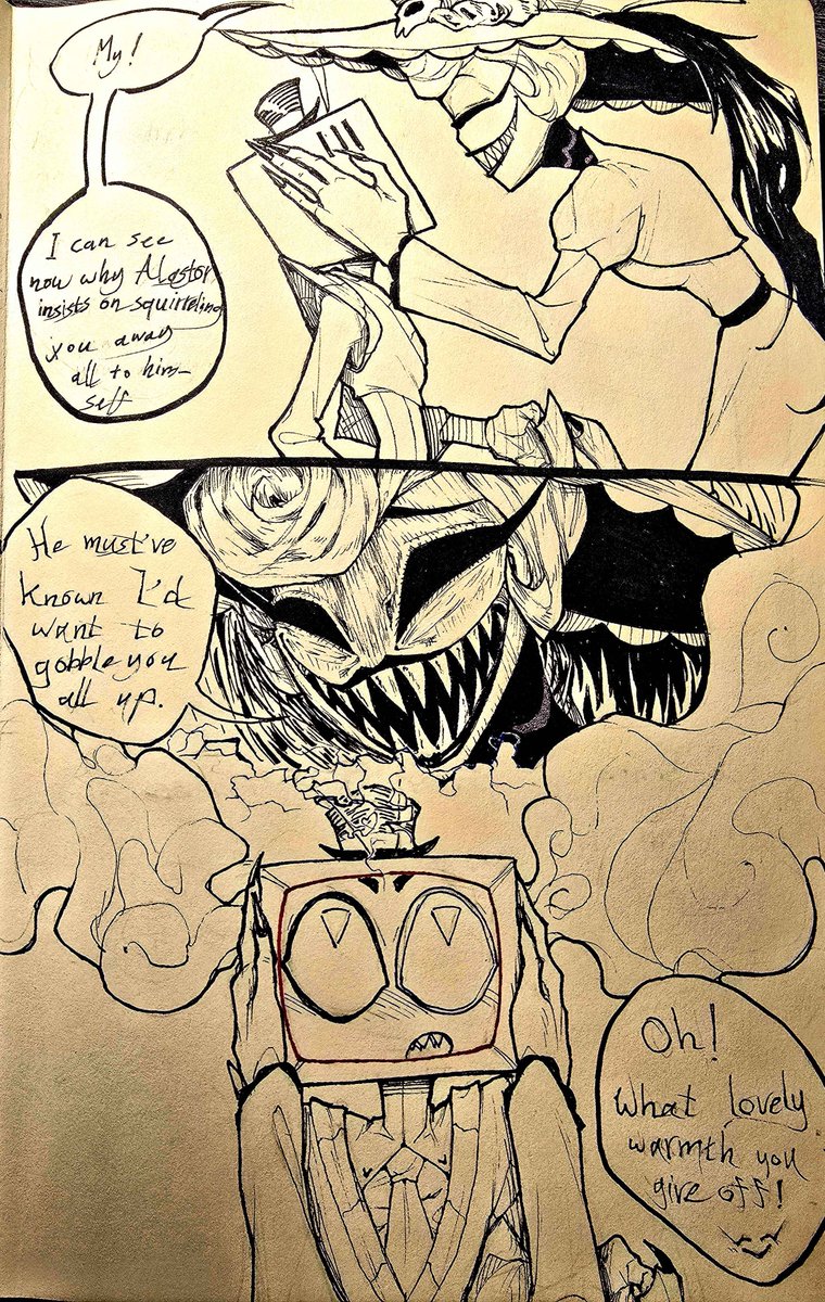 KidoN_PLA's tweet photo. First drawing in the blue sketch book. ^^

Alastor tried his best to make sure they don't cross paths, but he can't be there all the time. https://t.co/xeAk7kOY64