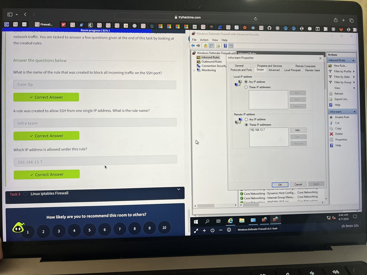 peachnez28's tweet image. Day 97 : Road to being a Cybersecurity Analyst🛡️ 
I completed the firewall fundamentals on THM. Learnt about the purpose, types and rules of firewalls. 
Cc: @segoslavia #CyberSec