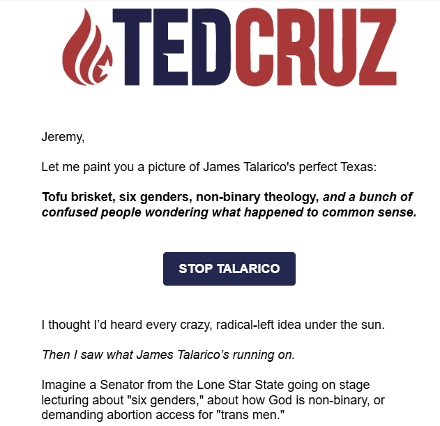 JeremySWallace's tweet image. US Sen Ted Cruz is far from the only one who does this, but check out his plea for help to stop Talarico

But if you click on it and donate $75, $73.50 goes to Cruz campaign and just $1.50 to NRSC &amp;amp; actual GOP nominee (yet TBD) if you don't read the fine print and change it