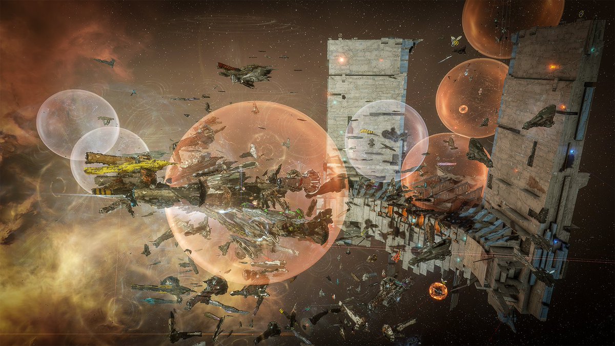 EveOnline's tweet photo. Last night was a busy one! 

In Atioth, the Imperium and Winter Coalition clashed, while in Turnur, Snuffed Out and Deepwater Hooligans fought over the ‘Prometheus’ Fortizar.

Here are a few glimpses from both battles. https://t.co/B188IjNLyE