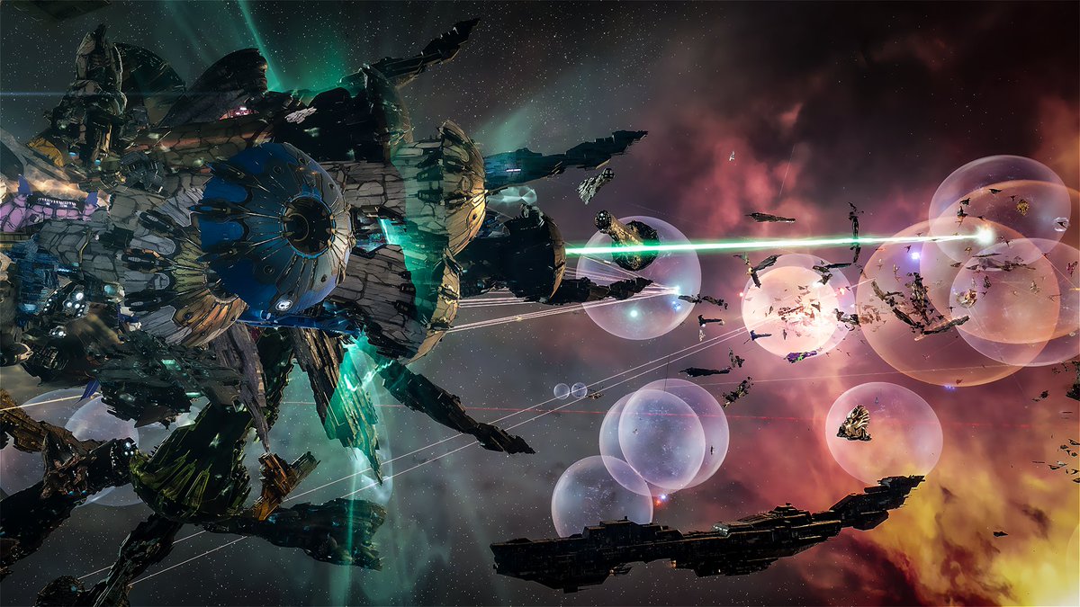 EveOnline's tweet photo. Last night was a busy one! 

In Atioth, the Imperium and Winter Coalition clashed, while in Turnur, Snuffed Out and Deepwater Hooligans fought over the ‘Prometheus’ Fortizar.

Here are a few glimpses from both battles. https://t.co/B188IjNLyE