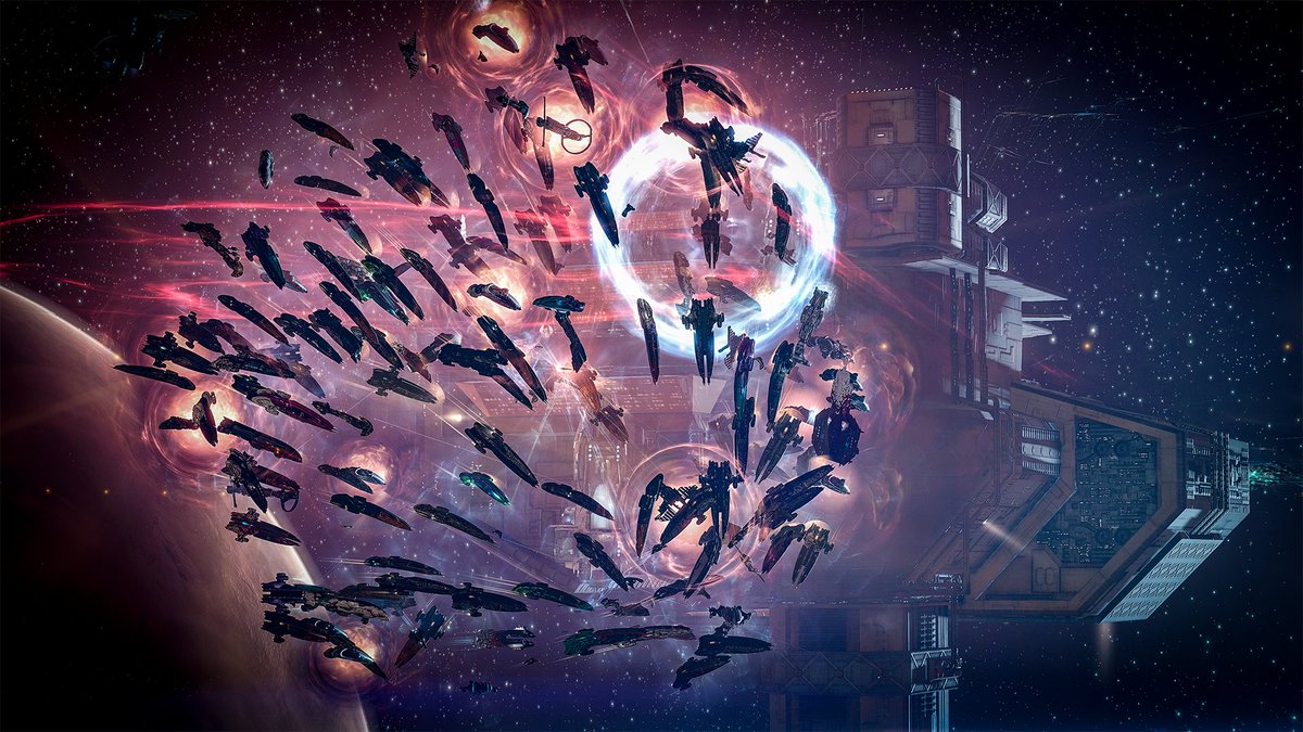 EveOnline's tweet photo. Last night was a busy one! 

In Atioth, the Imperium and Winter Coalition clashed, while in Turnur, Snuffed Out and Deepwater Hooligans fought over the ‘Prometheus’ Fortizar.

Here are a few glimpses from both battles. https://t.co/B188IjNLyE