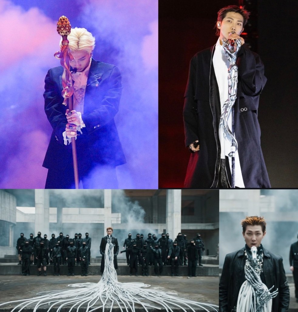 ➤In "Dionysus" RM carries THE THYRSUS STAFF (Mic) with a pinecone on top of it, and it's wrapped in ivy/vine leaves, symbolising his role as the 'Dionysian figure. It represents power, prosperity, and high obsession with productivity, fertility and creativity. 

➤RM's FIVE