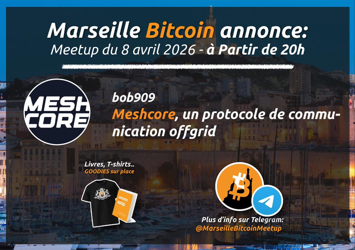 MarseilleBTC's tweet image. 🔸4ème Meet-up de l'année 2026
#Bob909 viendras nous parler #Meshcore, un protocole de communication #Offgrid!
➡️ Alors rdv à partir de 20h, au Genki Dojo (adresse exacte en DM ou sur Telegram)
&amp;amp; le reste en commentaires 👇