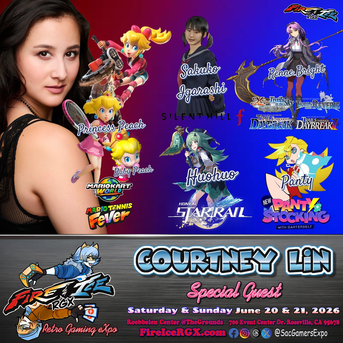 sacgamersexpo's tweet photo. We’re pleased to welcome @thecourtneylin as a Special Guest at Fire &amp; Ice RGX 2026!

#CourtneyLin is the current voice of #PrincessPeach &amp; #BabyPeach, beginning with #MarioKartWorld in 2025.

#SilentHillF #HonkaiStarRail #NewPantyandStocking #MonsterHigh #Barbie #RainbowHigh https://t.co/TpBPhUWdy1