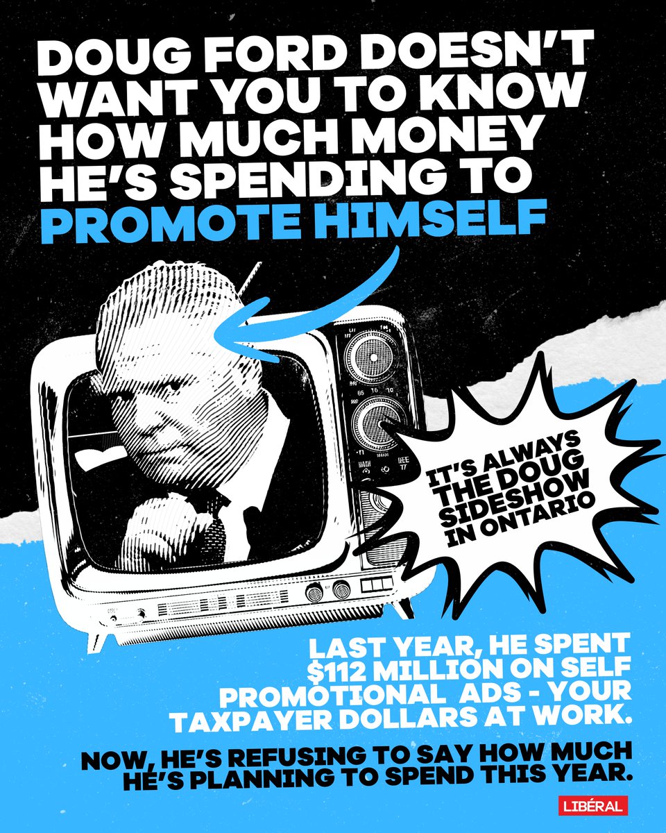After spending 112 million taxpayer dollars on ads described by the Auditor General as largely “self-promotional”, now <a href="/fordnation/">Doug Ford</a>'s Conservative Government wants to keep quiet about how much the next round of ads is going to cost Ontarians.

Tell us the truth, Doug.

#onpoli