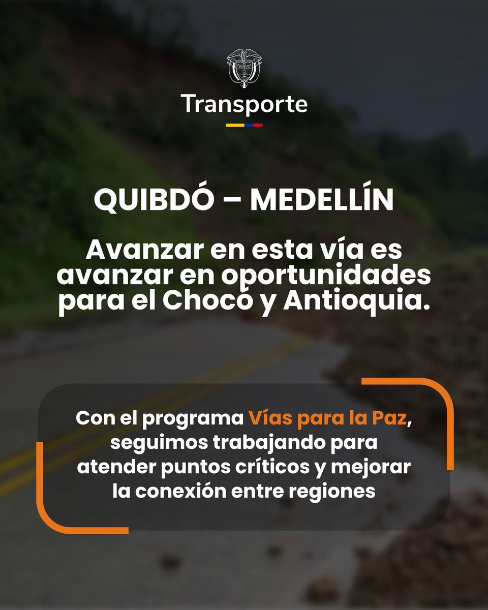 MinTransporteCo's tweet photo. La vía Quibdó – Medellín avanza con la atención de un sitio crítico en la ruta nacional 6002.
Con una inversión de $253.956 millones a través de #VíasParaLaPaz, trabajamos por la seguridad y la conexión entre Chocó y Antioquia.
Más infraestructura para acercar regiones @maferojas https://t.co/iMgwbVHaPA