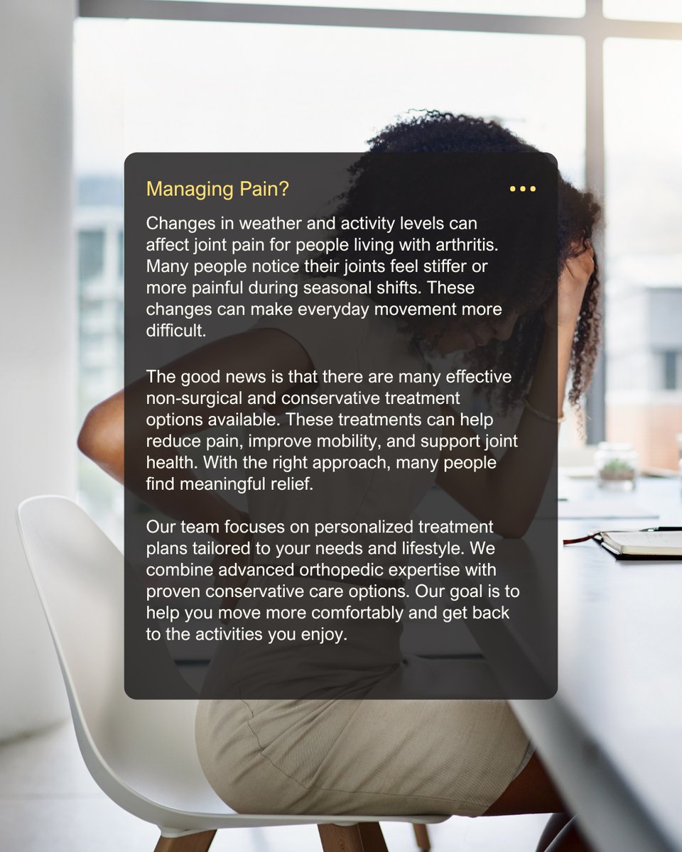 Performance_OSM's tweet photo. Changes in weather &amp; activity levels can affect joint pain for people living with arthritis. The good news is that there are many effective non-surgical and conservative treatment options available. From personalized treatment plans to expert orthopedic care, we’re here to help. https://t.co/jjvKh0V3k2