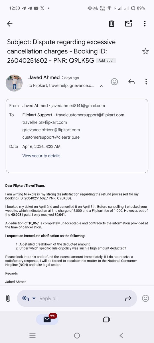 jabedahmed2001's tweet image. Hey @Flipkart, @Cleartrip why the 10k+ deduction for a cancellation that should’ve cost 6k? I’ve sent emails with no response for 3 days. I paid 40,908 and only got 30,041 back. Refund the excess or I’m heading to the National Consumer Helpline. @jagograhakjago #FlipkartScam