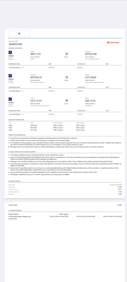 jabedahmed2001's tweet image. Hey @Flipkart, @Cleartrip why the 10k+ deduction for a cancellation that should’ve cost 6k? I’ve sent emails with no response for 3 days. I paid 40,908 and only got 30,041 back. Refund the excess or I’m heading to the National Consumer Helpline. @jagograhakjago #FlipkartScam