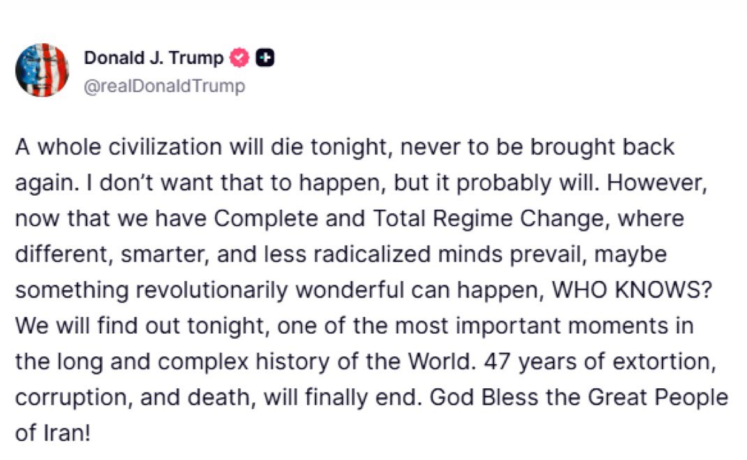 montoyalouis1's tweet image. Let me help you understand this.

When President Trump said a whole “civilization” will die tonight, he was referring to the Islamic Republic — not Iran’s ancient Persian civilization.

The Islamic Republic is a 47 year old political regime, not a religion and not the 2,500+ year
