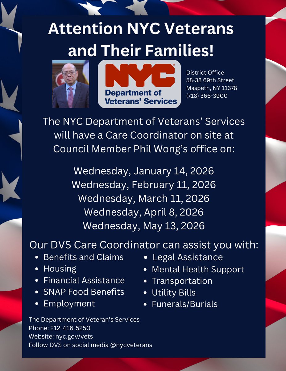 Proud to partner with <a href="/nycveterans/">NYC Department of Veterans' Services</a> to bring one-on-one support to veterans and their families right here in our community.

A DVS Care Coordinator will be at my district office tomorrow to help with benefits, housing, employment, mental health support, and more.