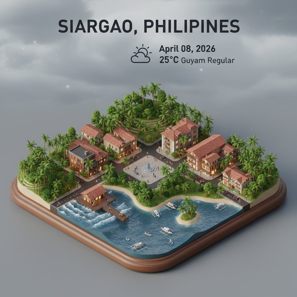 GlobalWeathers's tweet photo. β
Siargao Weather
π‘οΈ 25Β°C (77Β°F)
π
April 08, 2026
βοΈ Scattered Clouds
#Siargao #Philippines #Cloud9 #SurfCapital #AIArt #CityWeather https://t.co/DL5dzg4PVE