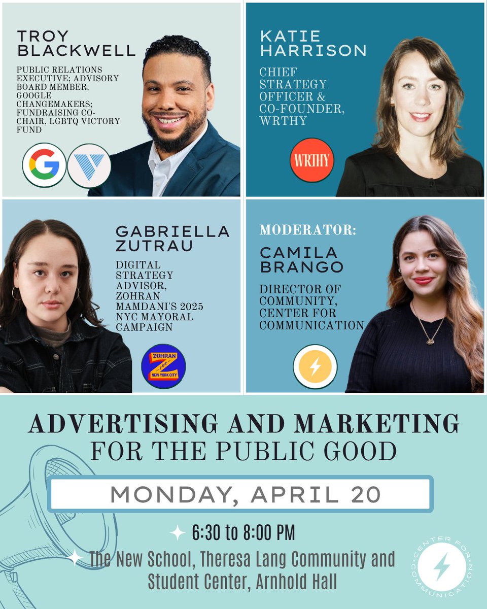 CenCom's tweet photo. REGISTER FOR FREE NOW! 📣https://t.co/olanvd5E25
Join us on Monday, April 20 at 6:30 PM at @TheNewSchool, Theresa Lang Community and Student Center, Arnhold Hall, for our Advertising and Marketing for the Public Good. Presented with @MadeinNY and @TheNewSchool. https://t.co/aGg6aGtCOS