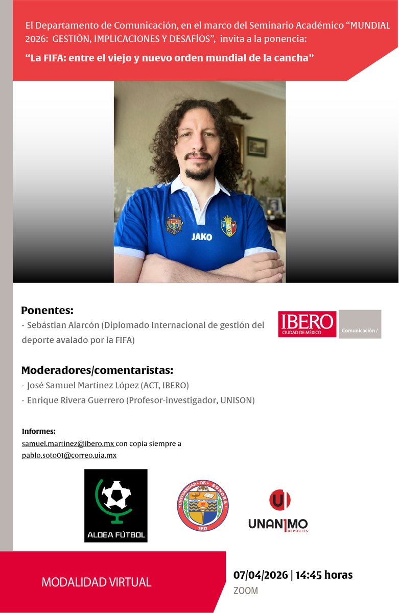 En @ibero_mx y como parte de las actividades #Primavera2026 de @IberoComunicacion e <a href="/ComuniPosgrados/">Posgrados de Comunicación</a>, el día de hoy a las 14:45 PM (en el marco del #Seminario Académico sobre #Mundial2026) hablaremos (#VíaZoom) de la #FIFA. Interesados ingresar al #QR