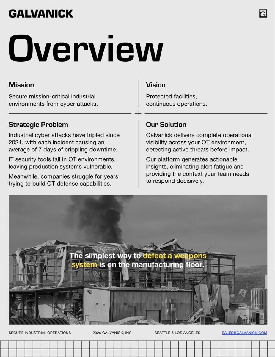 JoshuaSteinman's tweet photo. Five years ago we started @GalvanickCo with a simple mission: use the power of DATA to detect attacker BEHAVIOR on our nation’s most sensitive industrial networks - from manufacturing to critical infrastructure.

1/3 https://t.co/pJUi7JNBOl