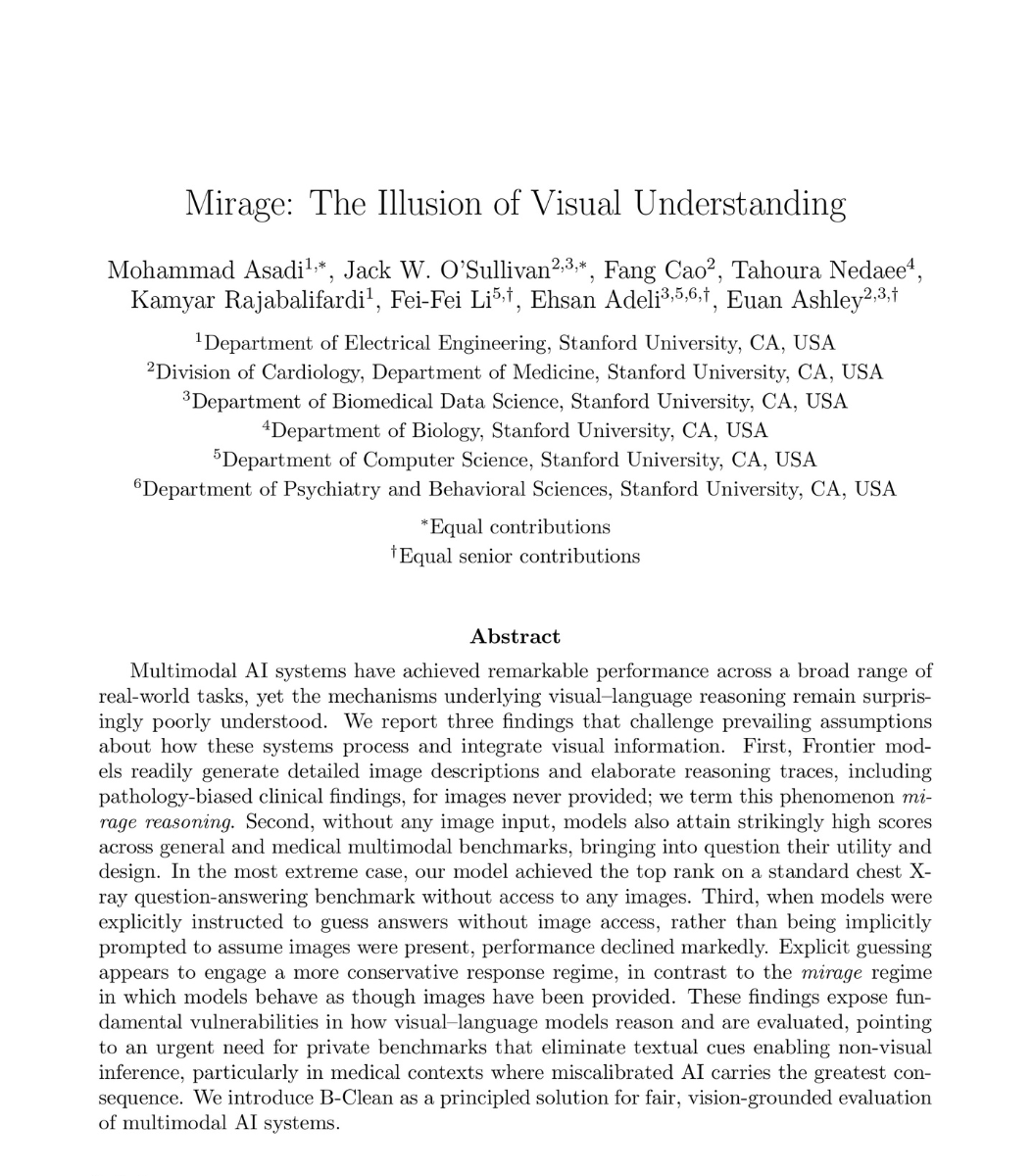 heynavtoor's tweet image. 🚨BREAKING: Stanford proved that GPT-5, Gemini, and Claude can appear to see your images when they are not actually looking at them.

The illusion of visual understanding.

Researchers at Stanford removed the images from visual AI benchmarks and asked frontier models to answer