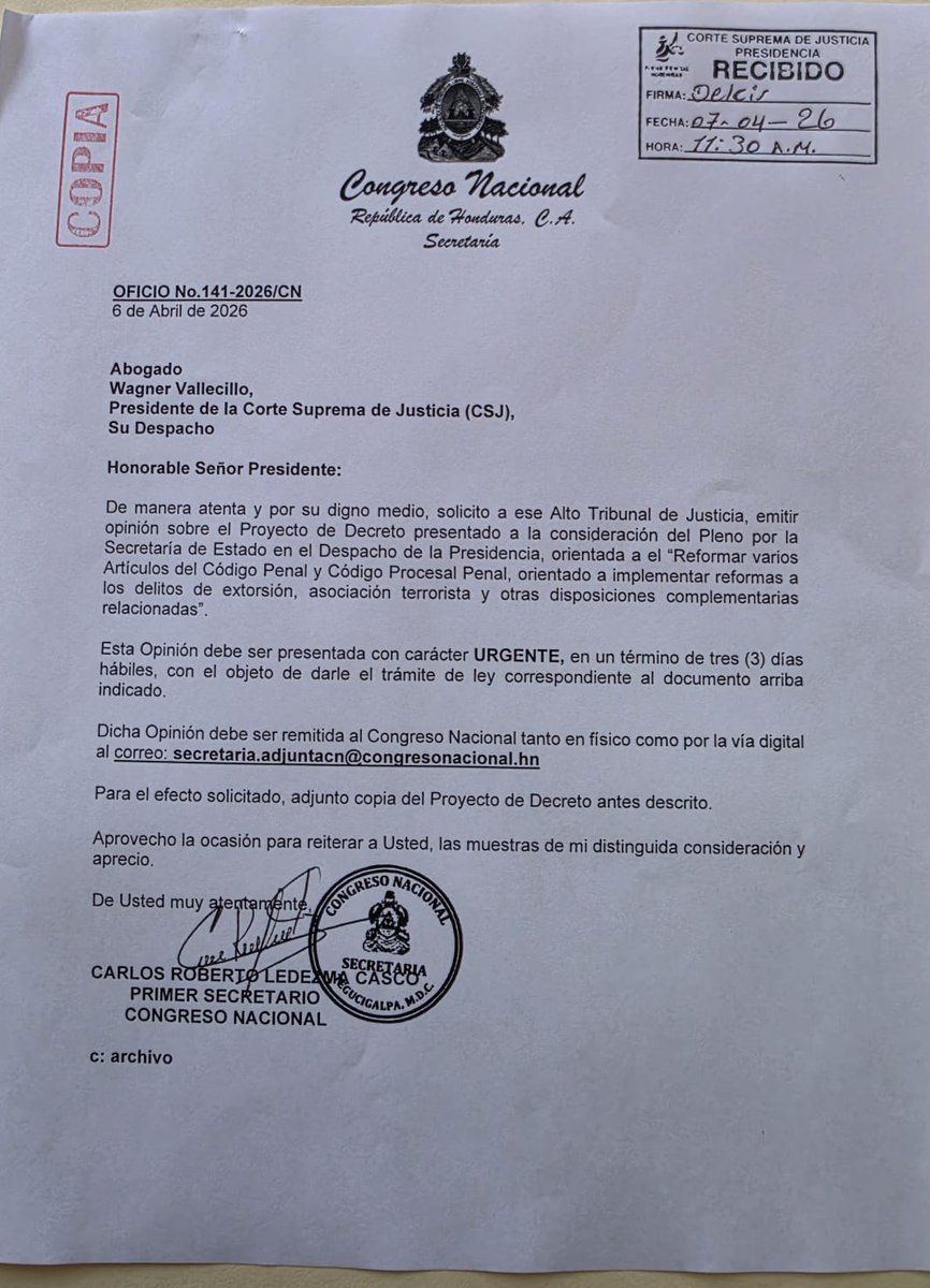 El Congreso Nacional ha solicitado a la Corte Suprema de Justicia que, en un plazo de tres días, emita una opinión técnica orientada a la reforma de diversos artículos del Código Penal y del Código Procesal Penal, con el objetivo de fortalecer la lucha frontal contra la