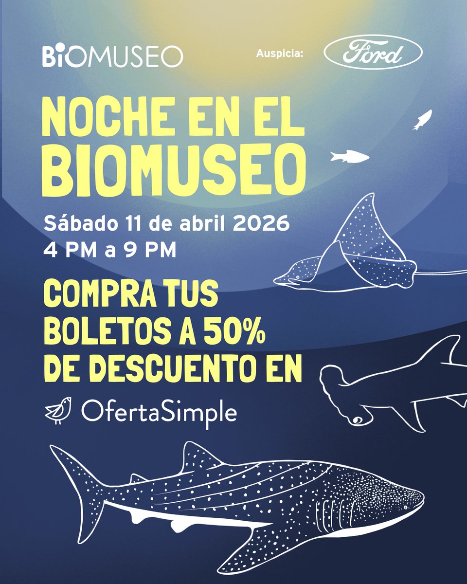 biomuseo's tweet photo. 🎟️ Aprovecha los boletos a 50% de descuento en https://t.co/CsUVNVV4OA para nuestra Noche en el Biomuseo este sábado 11 de abril 🌙 https://t.co/nci9hyVv50