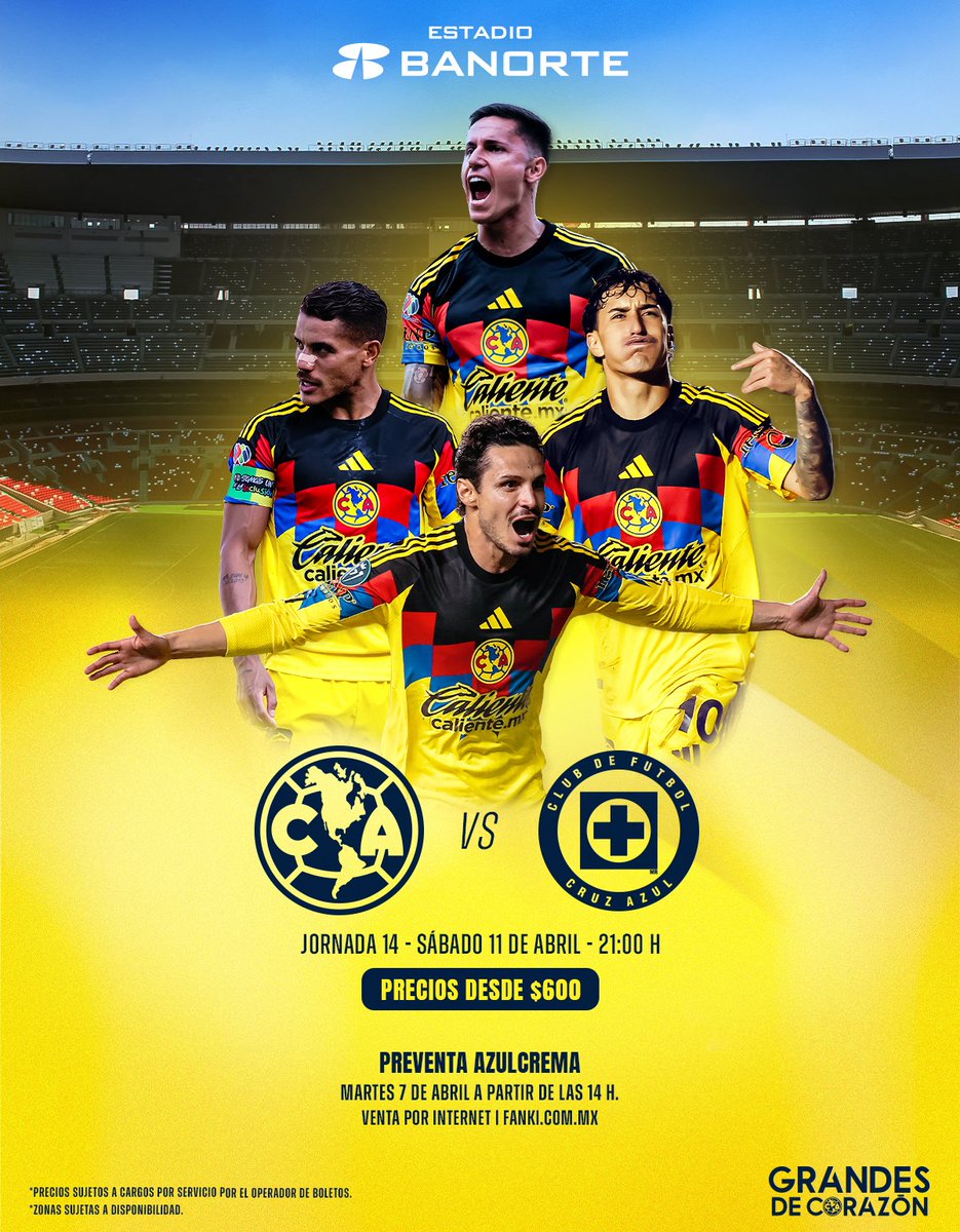 ClubAmerica's tweet image. ¡Inició la preventa para el Clásico Joven! 🦅🔥

J14 ⚔️ América vs. Cruz Azul
💳 Preventa Azulcrema: ¡YA DISPONIBLE!
🎟️ Venta en línea: bit.ly/4cwenYg

Vayamos juntos, ¡tenemos que pintar el Estadio Banorte de amarillo! 🏟️💛
