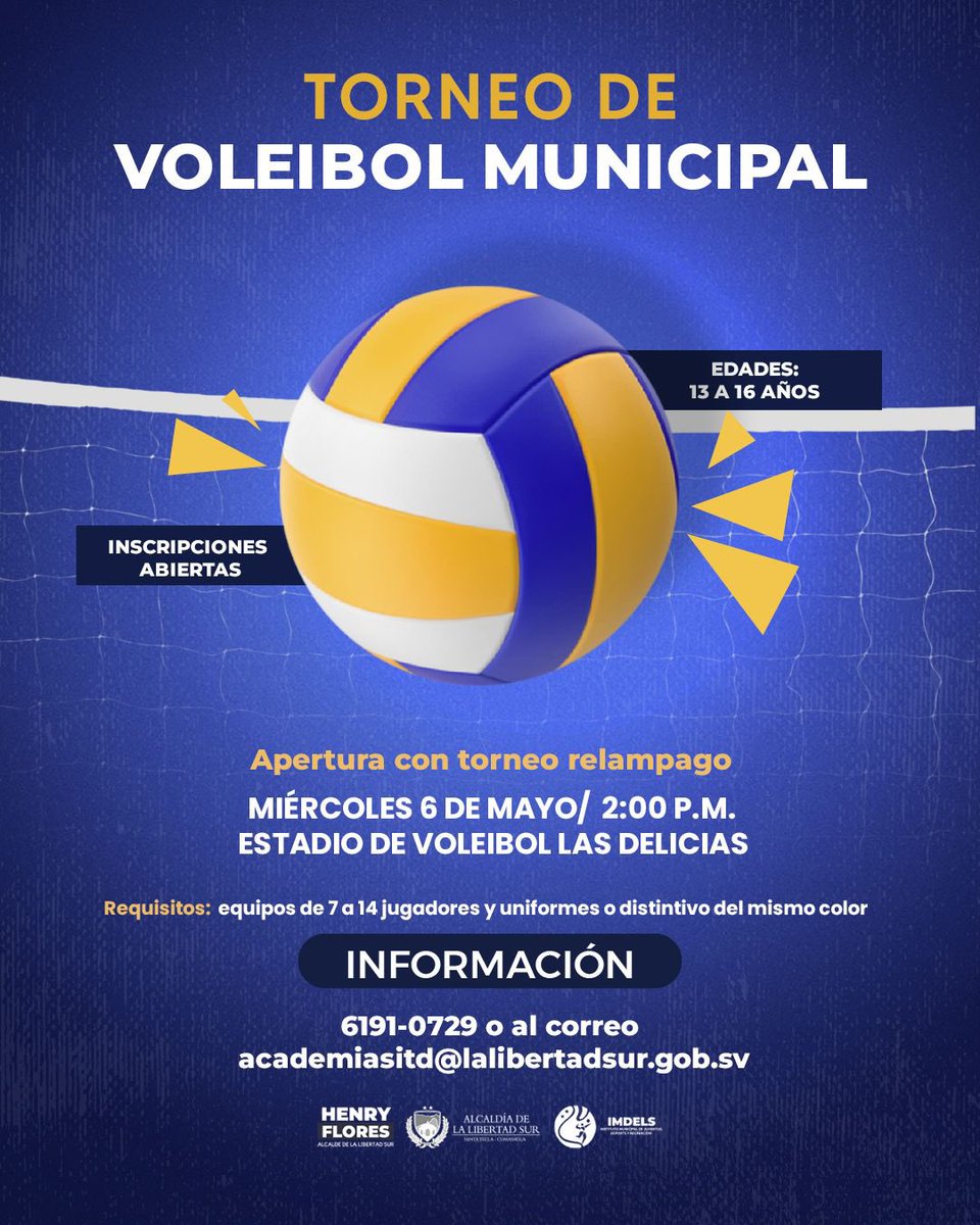 Inscribe a tu equipo en nuestro Torneo de Voleibol Municipal.🤩🏐
 
➡️ Equipos de 7 a 14 jugadores y uniformes o distintivos del mismo color.

📌Fecha de inicio:6 de mayo.

👇🏼 Aca te compartimos la información👇🏼