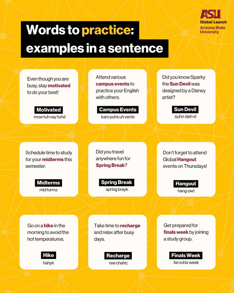 ASUGlobalLaunch's tweet photo. Spring semester at ASU = sunny campus days, staying motivated through midterms and finding balance between classes and campus life. ☀️📚 

What English words are you practicing this Spring? 🗣️

#ASU #GlobalLaunch #Spring #ESL #LearnEnglish #PracticeEnglish https://t.co/om7CVrWACh