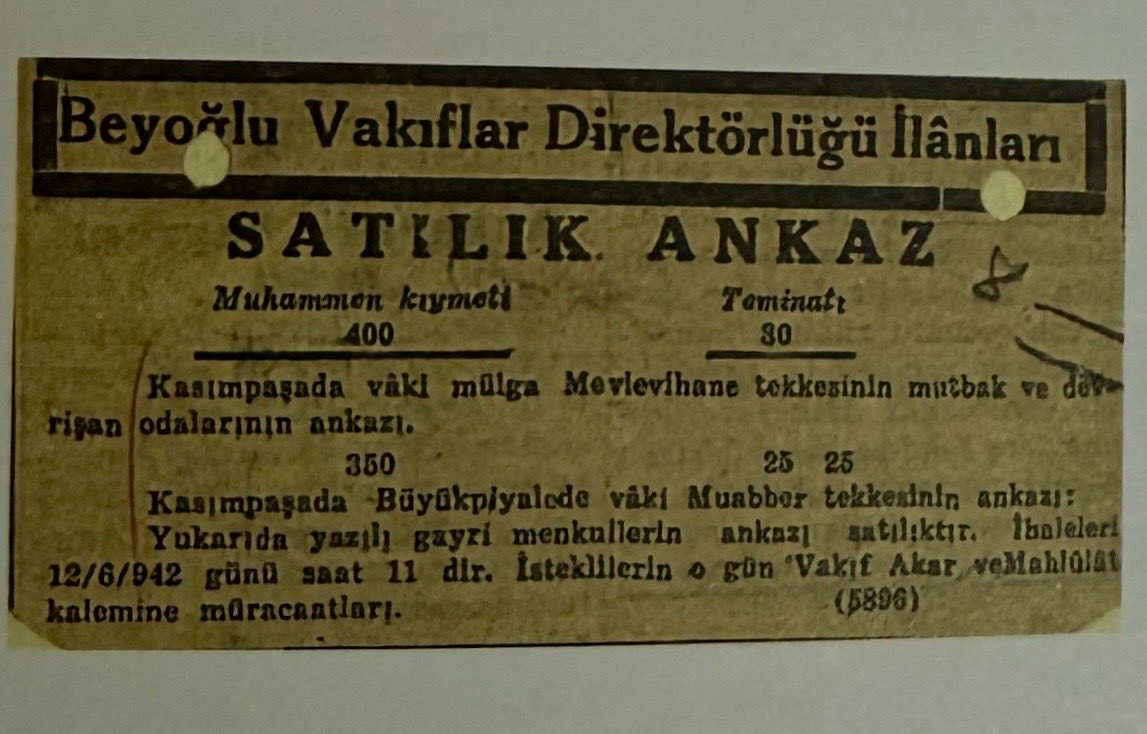 tevruz_'s tweet photo. Revnakoğlu'nun İstanbul'u Kasımpaşa Mevlevihanesi maddesinde bulunan 1942 tarihli satılık ilanı. https://t.co/T5sXS7qmLq