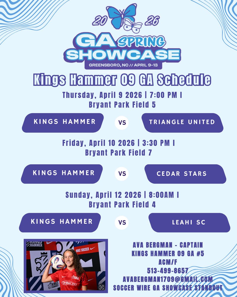 AvaBergman26's tweet photo. So excited to be competing in the GA Spring Showcase this weekend in Greensboro,NC! See my schedule below ⬇️⬇️⬇️
@ImYouthSoccer @ImCollegeSoccer @TheSoccerWire @PrepSoccer @TopDrawerSoccer @khcincynky https://t.co/F9tFefO9z4
