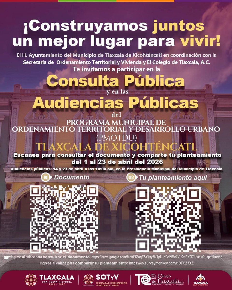 COLTLAX's tweet photo. Conoce el proyecto y comparte ideas que contribuyan a construir un municipio más ordenado, sustentable y con mejores oportunidades para todas y todos.
Consulta el documento y comparte tu planteamiento y acompáñanos en las Audiencias Públicas del 14 al 23 de abril a las 10:00 am https://t.co/KyxJ4Inuyj